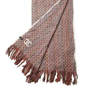 CHANEL Luxury Vintage White & Fuchsia Pink Multi-Color Woven Fringed Shawl Scarf